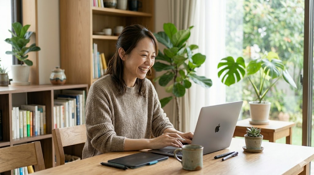 明るいリビングでタブレット端末を使い、将来の資産運用や家計のシミュレーションを落ち着いて行う日本人女性。