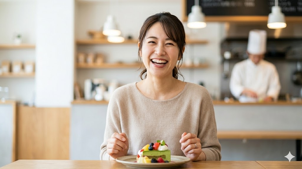 親しみやすさと愛嬌を感じさせる、食事を楽しみながら笑う日本人女性の写真