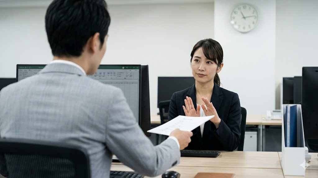 職場で、同僚（顔は見えない）からの相談や依頼に対し、毅然と、しかし丁寧に「自分の担当範囲ではない」と伝えているアジア人女性のプロフェッショナルな表情。