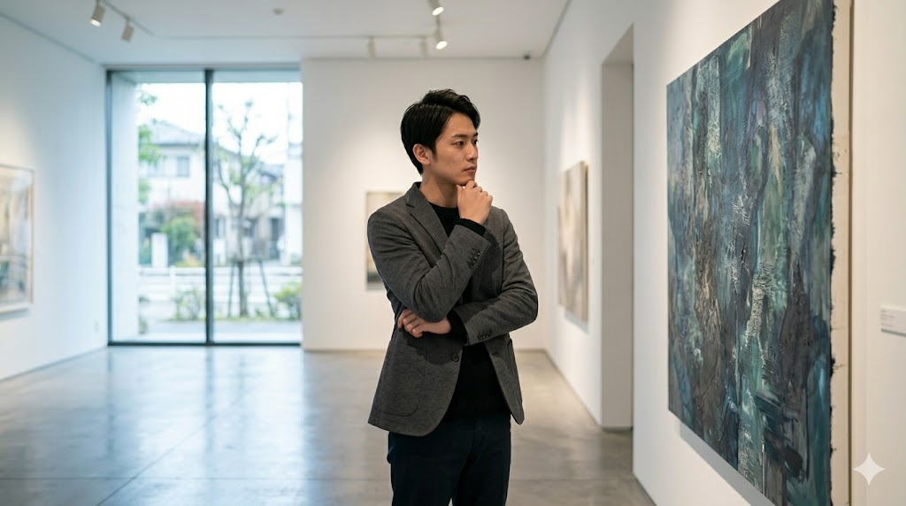 静かな美術館で、一枚の絵画の前に立ち止まりじっくりと鑑賞する日本人男性。