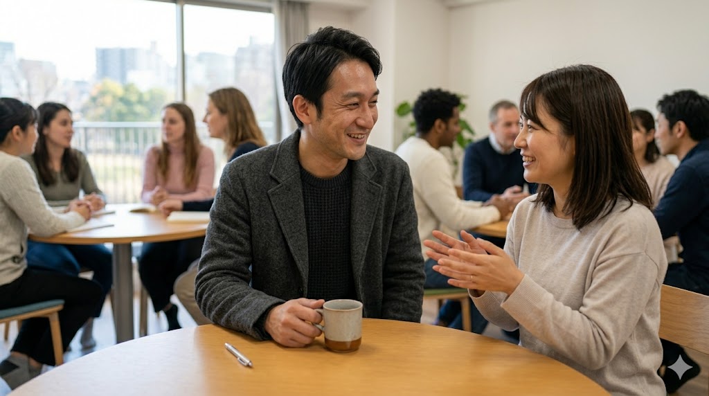 英会話教室のオフ会で、他の参加者と笑顔で交流する日本人男性。共通の目的を通じて、無理なく緩やかな繋がりを作っていく様子。