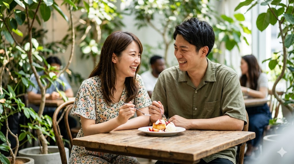 東京都内の緑豊かなカフェで、笑顔でデザートをシェアする仲睦まじい日本人のカップル。友達がいない彼氏との関係をポジティブに捉え直す。