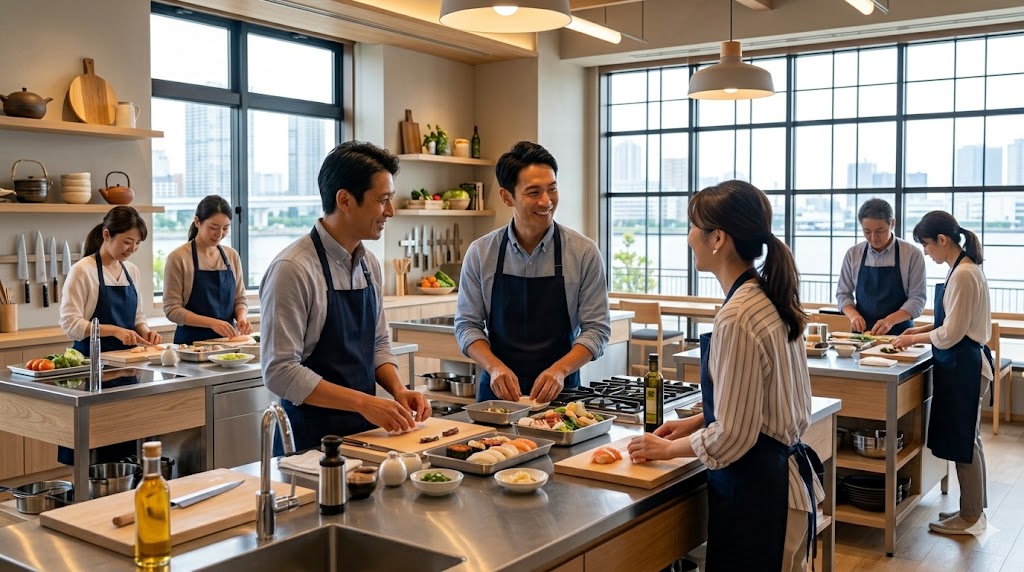 都心の洗練された料理教室で、共通の目的を持って料理を作りながら、自然な笑顔で交流を楽しむ大人のグループ。新しい繋がりが生まれる様子。