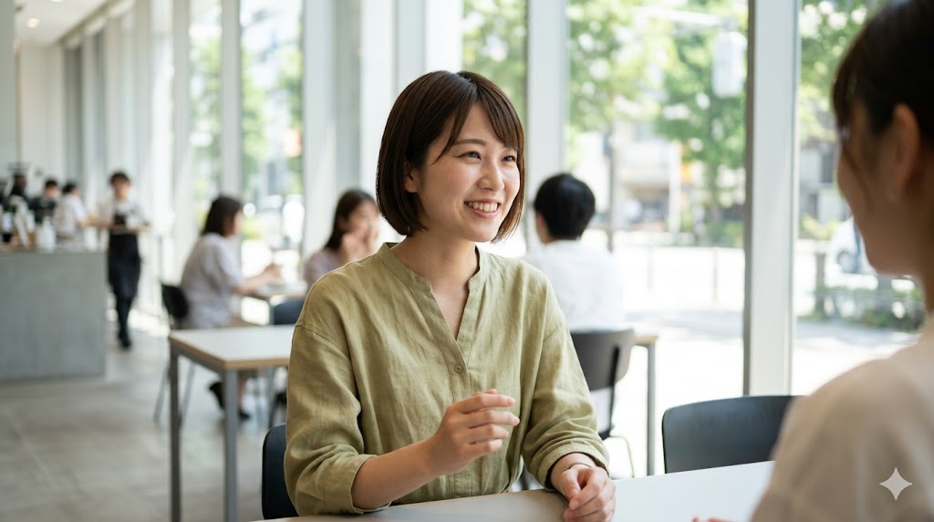 晴れた日の昼間、人通りの多い明るいカフェで、笑顔で待ち合わせ相手と会話を始める日本人女性。安全な初デートのシチュエーション。