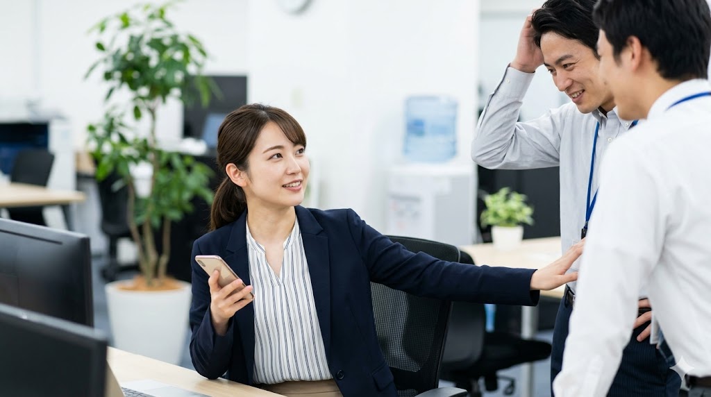 職場の同僚にアプリ利用がバレた際、堂々と笑顔で言い訳をして切り抜けるイメージ