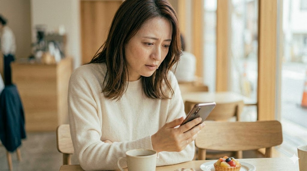 交際相手の年収の嘘が発覚し、ショックを受けて俯く日本人女性。