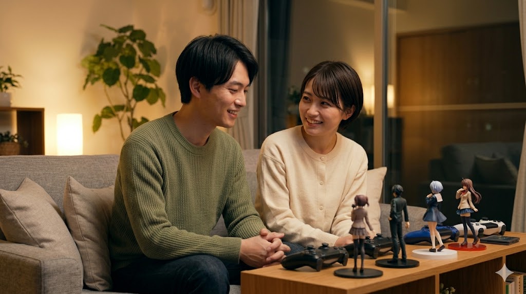 アニメのフィギュアやゲーム機を仲良く眺める日本人のカップル。共通の趣味を共有し、尊重し合う大人の関係。