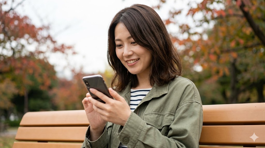 公園のベンチで、リラックスした様子でスマホを操作する日本人女性の自然なスナップ写真。過度な加工のない、ありのままの雰囲気を伝える重要性を描写。