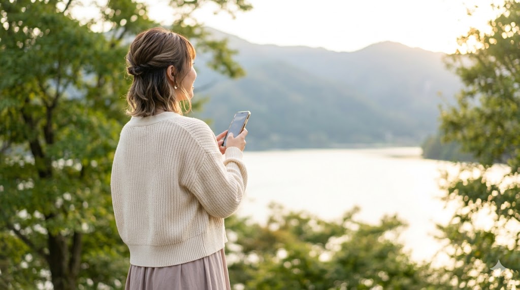 旅先の美しい風景を背景に、後ろ姿で佇む日本人女性。顔を出さなくても、全体の雰囲気やスタイルから魅力が伝わる、身バレ防止に配慮した好印象なサブ写真例。