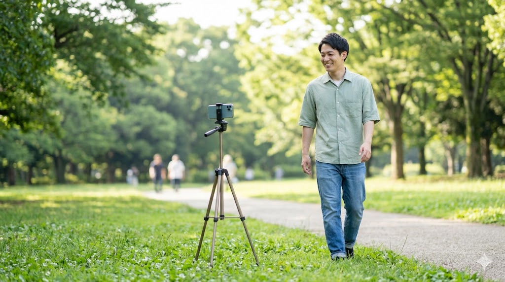 公園でスマホ用三脚を使い、自撮りで他撮り風の動画撮影をする日本人男性の様子