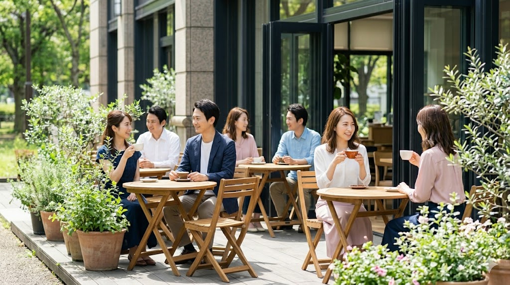 自然光が差し込むおしゃれなカフェのテラス席で、コーヒーカップを手に持ち笑顔を浮かべる日本人男性。マッチングアプリの写真撮影におすすめの場所。