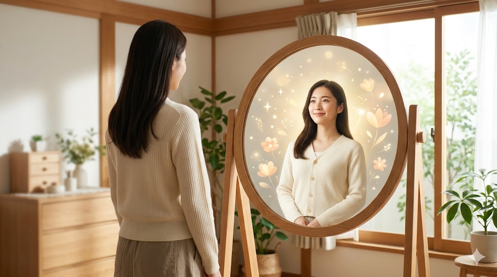 鏡を見つめながら、自分の内面にあるポジティブな光（長所）に気づく日本人女性。リフレーミングの概念図。