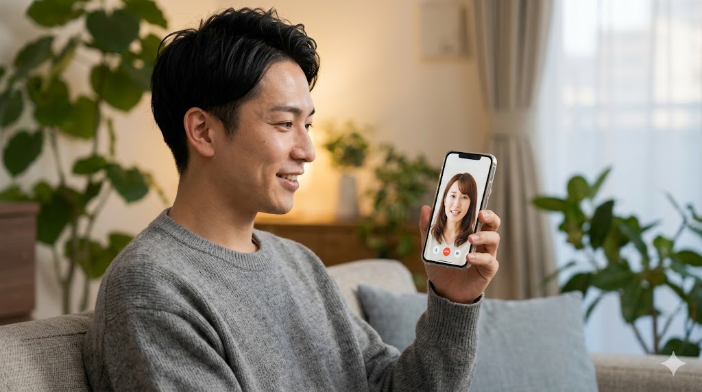 自宅でスマホを使い、リラックスした表情でビデオ通話をする日本人男性。画面には自然な雰囲気の日本人女性が写っている。会う前の実物確認プロセスを表現。