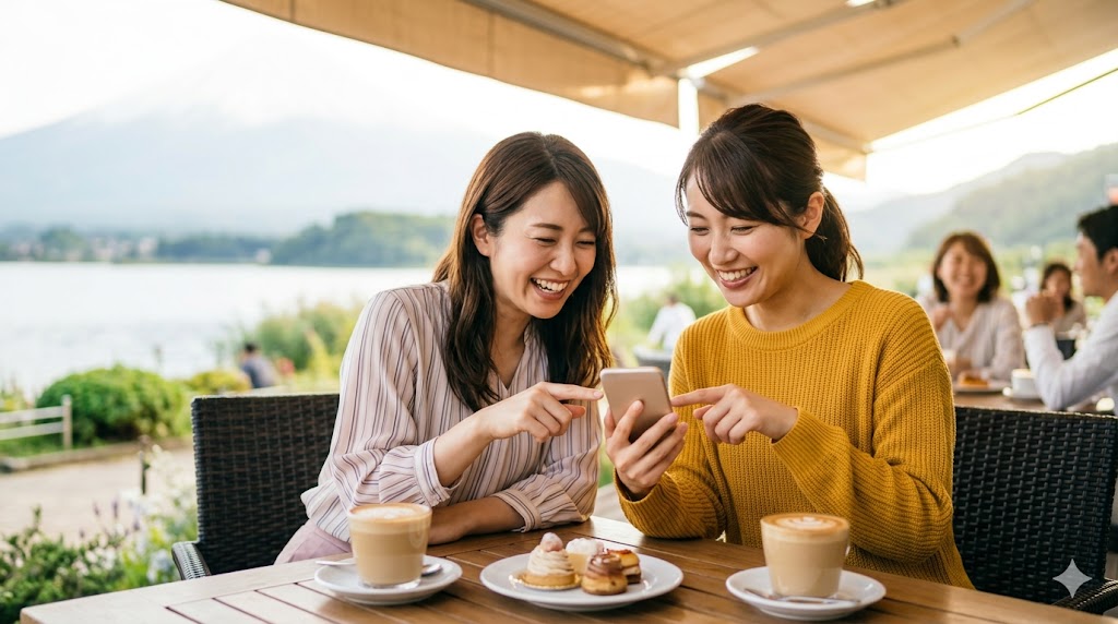 旅先の絶景ポイントで、笑顔でスマートフォンを操作し、楽しかった思い出を振り返る日本人女性。旅行やアウトドア趣味の活発な魅力を伝える一枚。