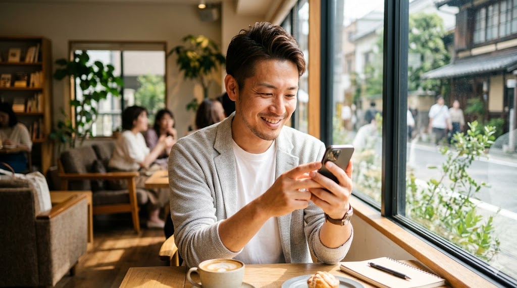 AIのサポートを受けながら、マッチング相手と楽しくメッセージのやり取りを続ける日本人男性。