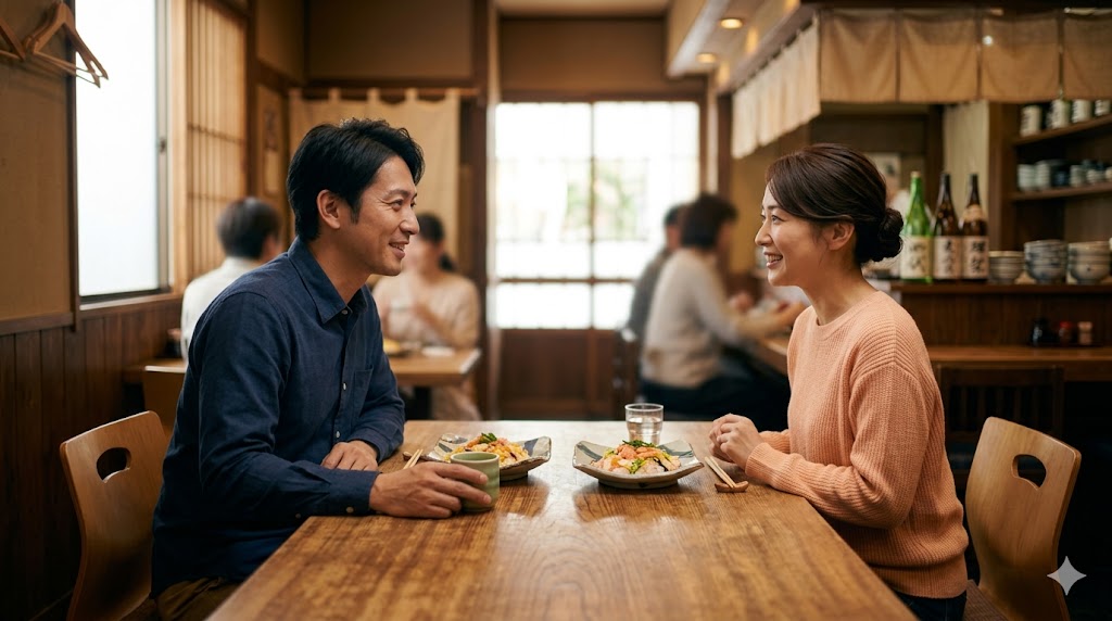 初デートで対面し、楽しく会話をする30代の日本人男女。信頼関係を築くベストなタイミング。