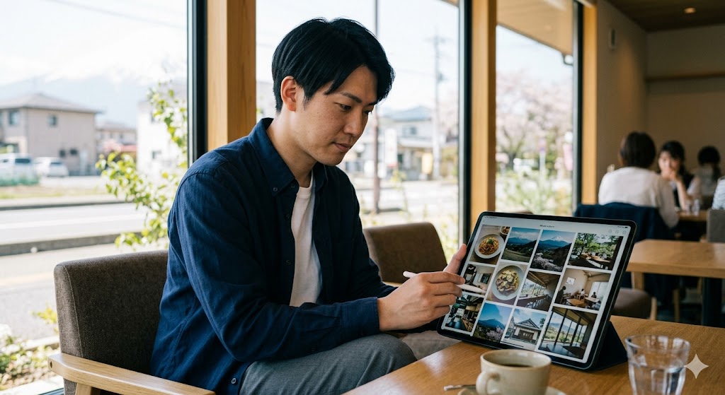 相手のサブ写真（料理や風景）からメッセージの話題を見つけようと丁寧にプロフィールを確認する日本人男性