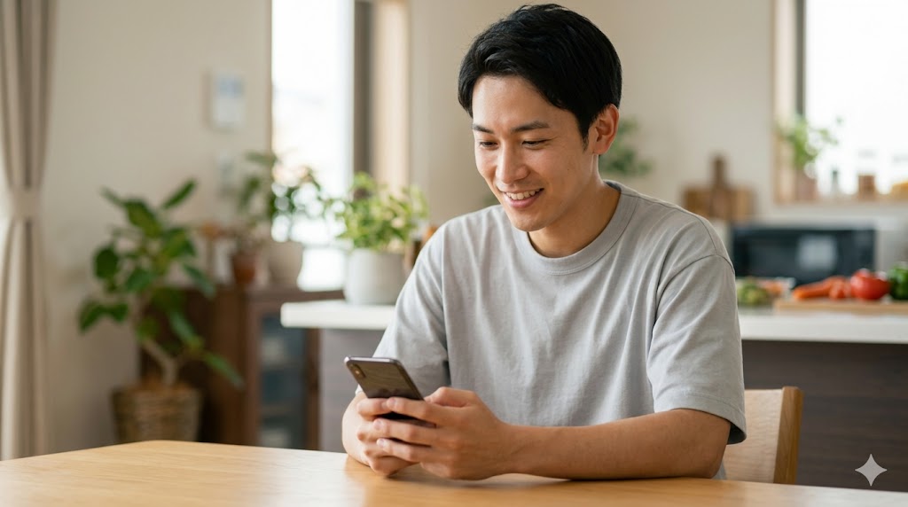 マッチングアプリで話題に困り、万能な「食べ物」の話題をスマートフォンで嬉しそうに送る日本人男性。誰もが答えやすいテーマで自然にデートへ繋げるコツ。