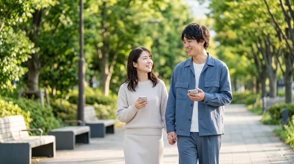 マッチングアプリでの会話を楽しみ、笑顔で公園を散歩する日本人カップル