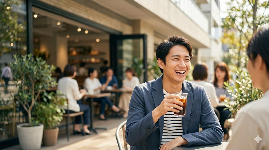 カフェでお茶をしながら友人と談笑しているような、自然な雰囲気の他撮り風プロフィール写真