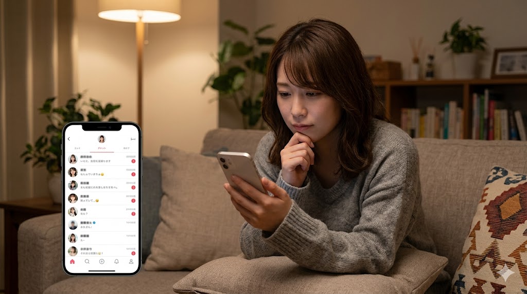 自宅のリラックスした環境で、スマホのマッチングアプリ画面に並ぶ複数のメッセージリストを確認する日本人女性