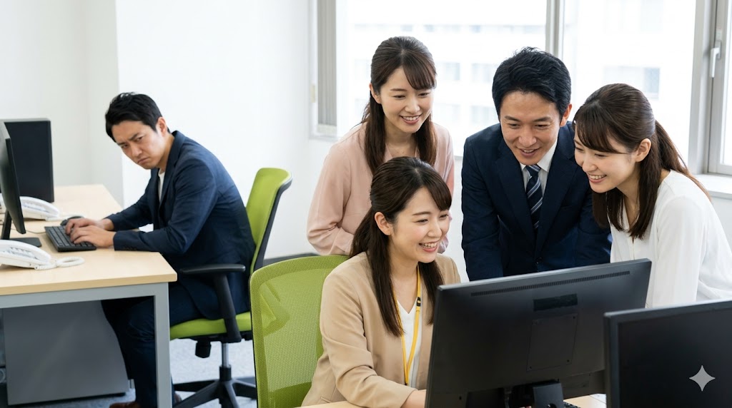 オフィスでチームワーク良く働く同僚たちと、離れた席で一人、不機嫌そうにキーボードに向かう日本人男性。協調性不足による「孤立」を象徴。