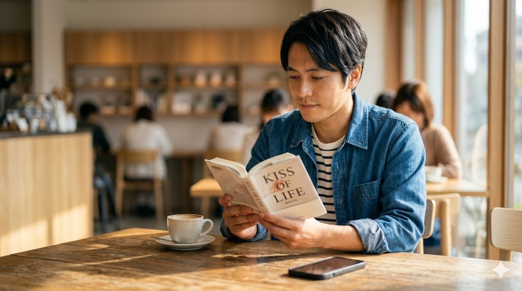 スマートフォンを置き、自分の時間を楽しみながら余裕を持って返信を待つ日本人男性