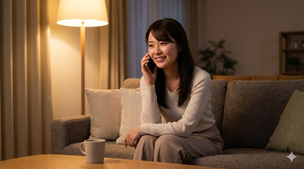 デートの前に一度声を聞いて安心するために、笑顔で電話（通話）をする日本人の女性。