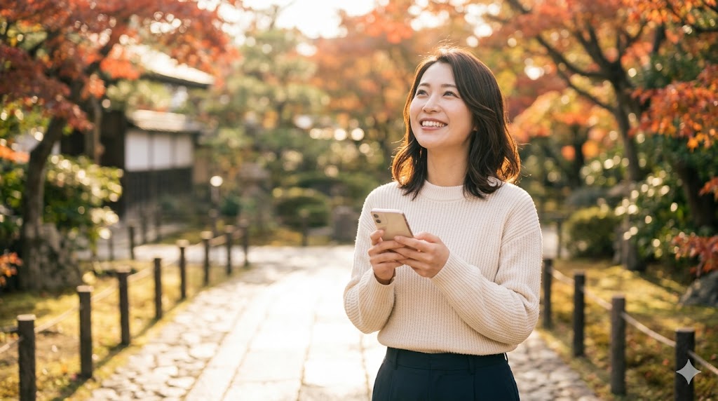 秋の日本の街角で、ネイビーのウールコートを着た日本人の20代後半の男性が、スマートフォンを手に持ち誠実で親しみやすい笑顔を浮かべる様子。外見だけでなく、人柄や誠実さで素敵な出会いを見つけた様子を表現している。