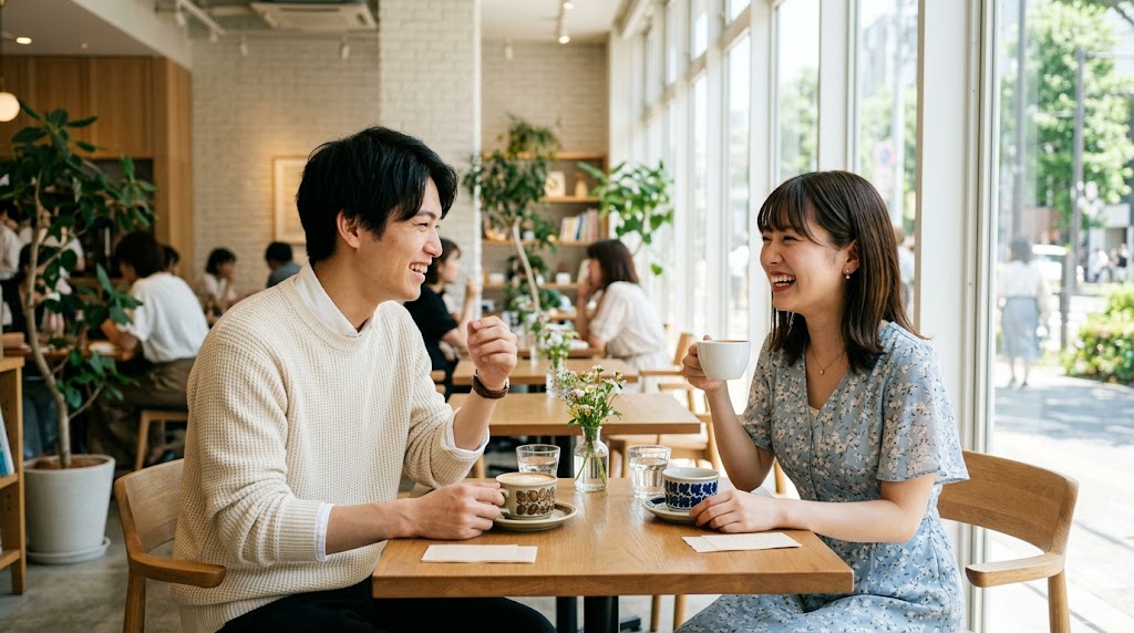 明るい昼間のカフェで、コーヒーを前に自然な笑顔で会話を楽しむ日本人のカップル。
