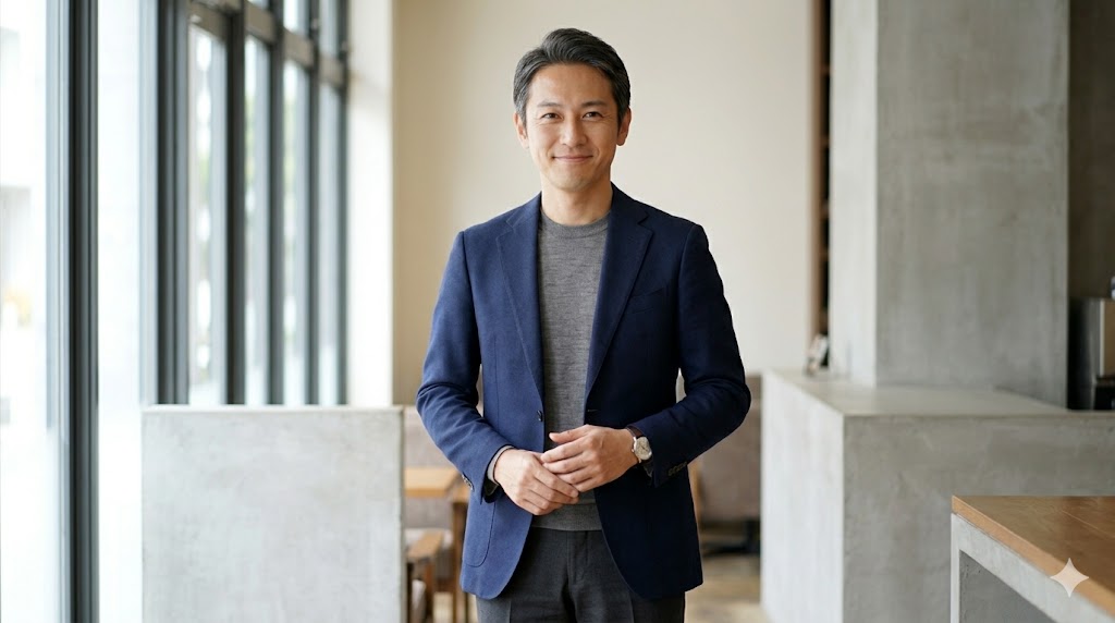 40代の日本人男性が、自分の体型にぴったり合ったネイビーのジャケットを着用し、落ち着いた大人の余裕を感じさせる表情で立つ姿。