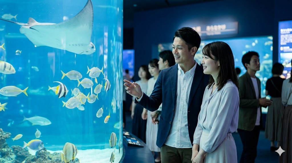 太陽の光が差し込む明るいカフェで、笑顔で対面して話す日本人の男女。マッチングアプリの昼デートの安心感と爽やかな雰囲気を表現。