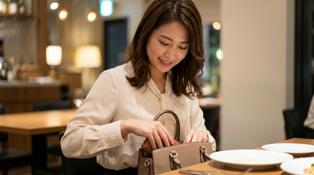 レストランのお会計時に、バッグの中から財布を取り出そうとする日本人女性。奢られることを当然と思わず、支払う意思をマナーとして示している。
