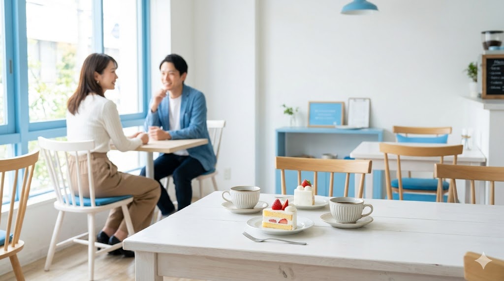 休日の午後に明るいカフェでコーヒーとケーキを楽しむ初デート