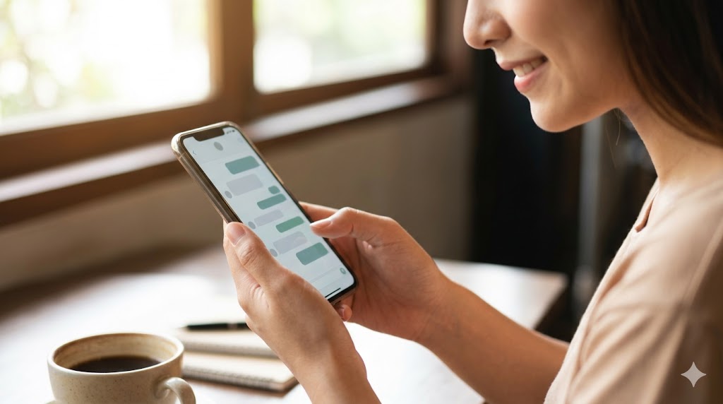 昼下がりのカフェで、笑顔でスマホのメッセージ履歴を見つめる日本人女性の手元。脈ありのサインを想起させる。