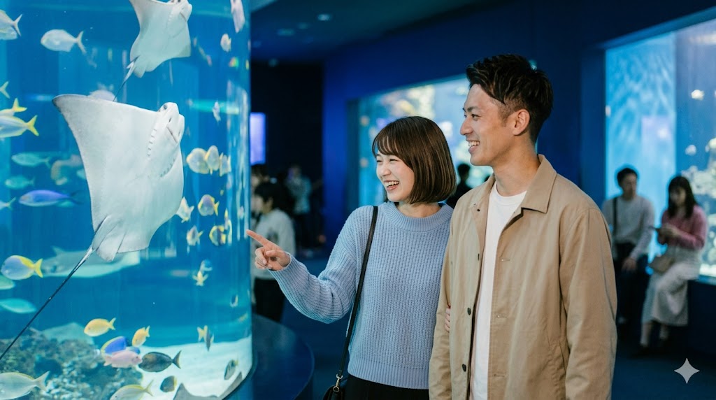 2回目のデートにおすすめの水族館で、魚を見ながら笑顔で距離を縮める日本人カップル。