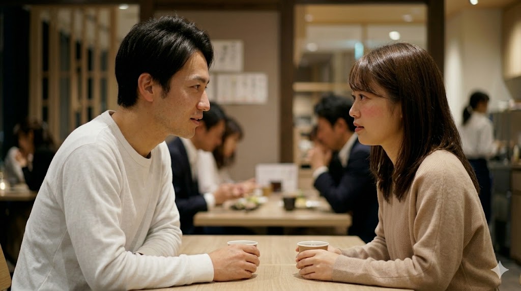 マッチングアプリで出会った日本人カップルが、交際前の雰囲気の良いレストランでのディナー中、誠実に会話向き合う様子。不必要なスキンシップは避けている。