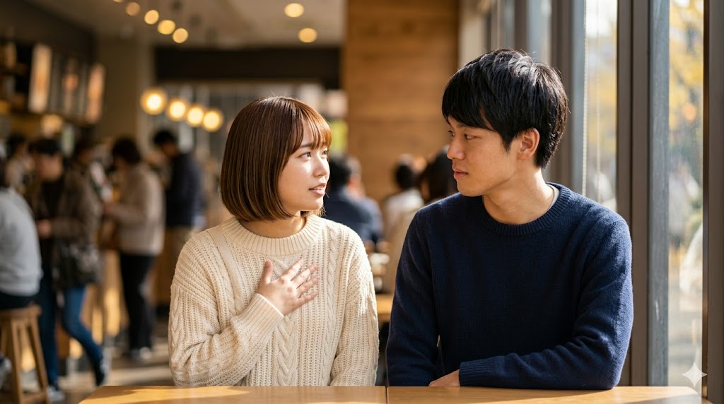 明るいリビングで一人、スマートフォンの画面を見ながら相手の心理に思いを巡らせる日本人女性。悪意のない「消し忘れ」の可能性を考える落ち着いたシーン。
