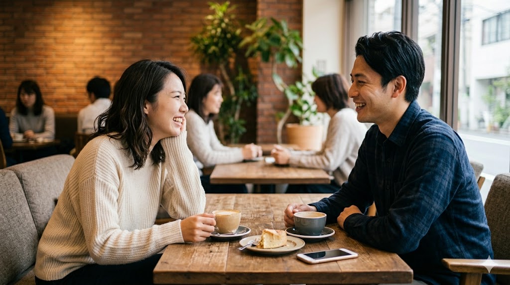 カフェでリラックスした様子で会話を楽しむ、アプリで出会った日本人カップル。E-E-A-T向上のためのイメージ。