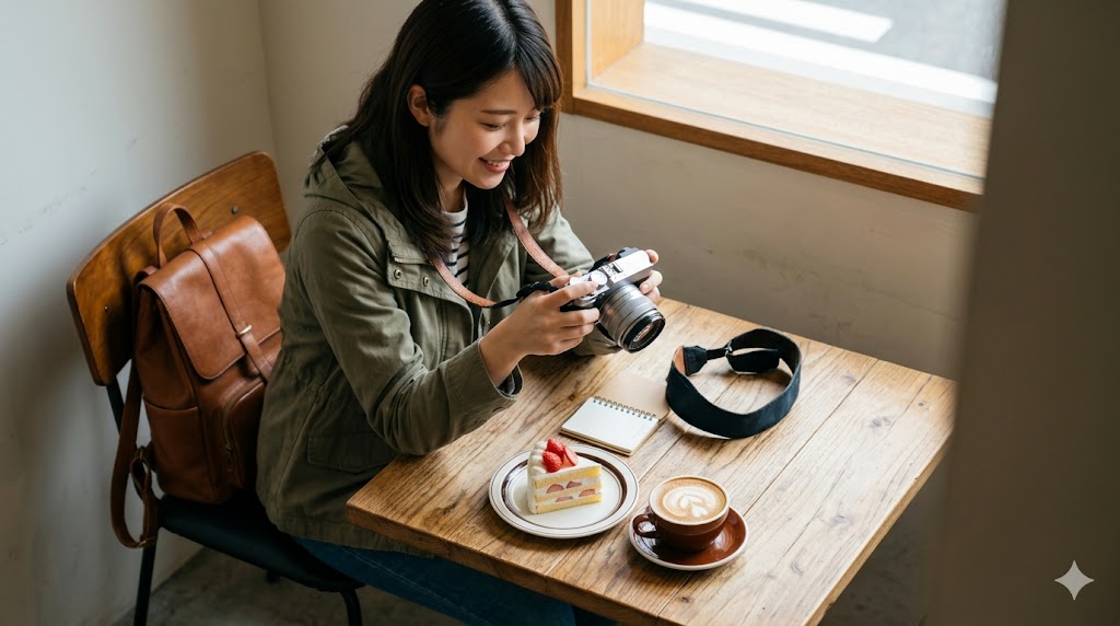 お洒落なカフェで一人、カメラを手に持ち笑顔で写真をチェックする日本人女性。充実したソロ活の様子。