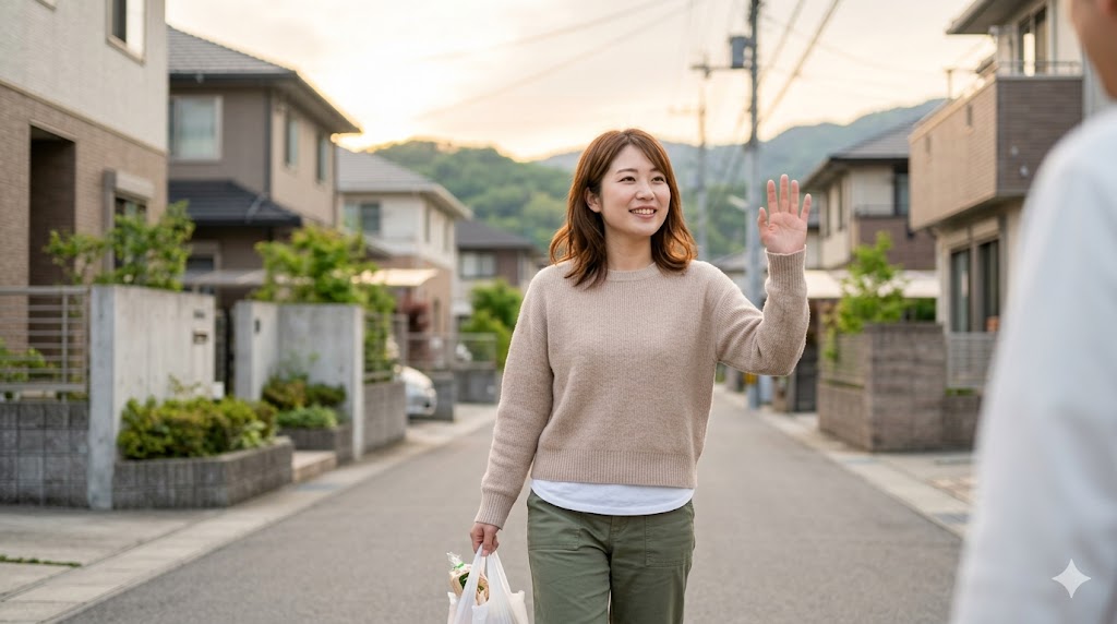 住宅街で、すれ違う近所の人に笑顔で会釈をする女性。毎日の挨拶を通じた「弱い繋がり」を大切にする、温かな日本の地域社会の光景。