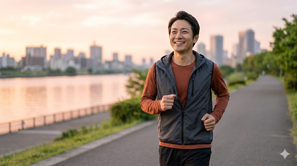 都会の喧騒を離れ、朝日を浴びながら自分のペースでランニングを楽しむ日本人男性。