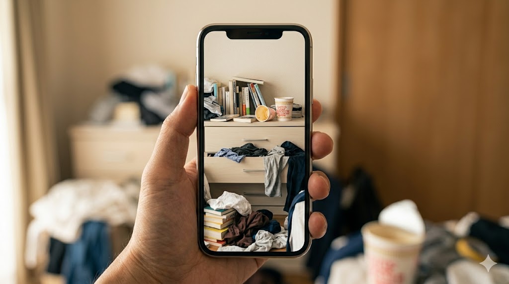 スマートフォン越しに見える散らかった部屋の様子。清潔感に欠けるNG写真のイメージ。