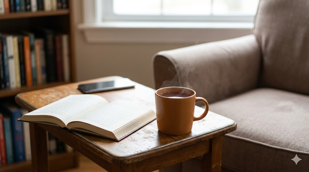デジタルデトックス。スマートフォンの電源を切り、温かい紅茶を飲みながら静かに読書を楽しむ、一人の時間を大切にする生活。