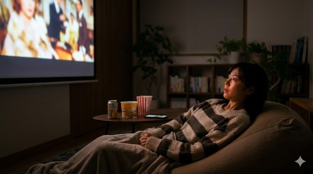 薄暗い部屋でプロジェクターの大画面に見入る日本人女性（コンテンツへの没頭）