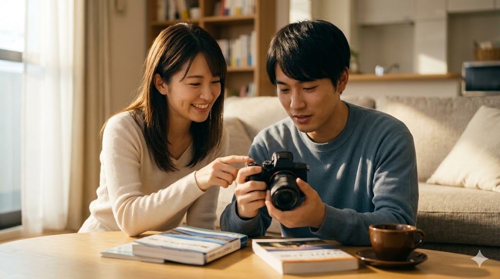 自宅で、彼氏に新しいカメラの使い方を笑顔で教える日本人の女性。彼が一人で没頭できる趣味を見つけられるようサポートする様子。