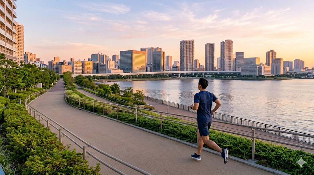 朝日を浴びながら豊洲のウォーターフロントを走る男性。心身を整えるための有意義な一人のルーティン。