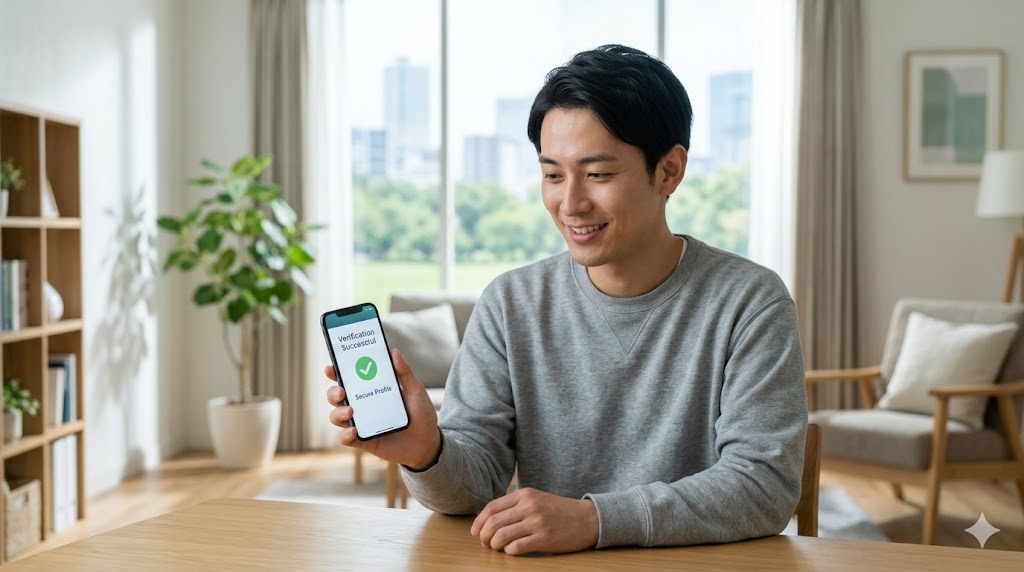 本人確認や監視体制が整った安全なマッチングアプリのアプリ画面を確認し、安心した表情を見せる日本人男性。安全なアプリ選び。