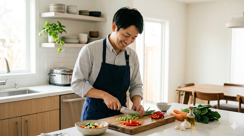 将来の家庭生活をイメージさせる、キッチンで料理を楽しむ誠実な日本人男性