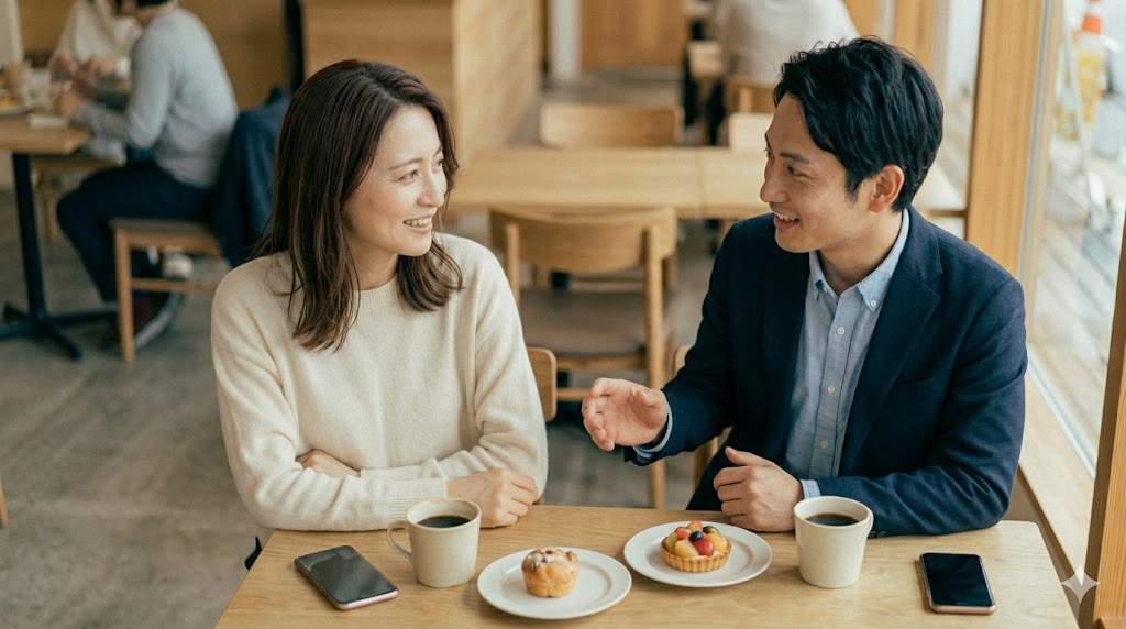 カフェでスマートフォンを見ながら、男性が手取りと額面を勘違いしていることに気づき、驚いた表情を浮かべる日本人女性。
